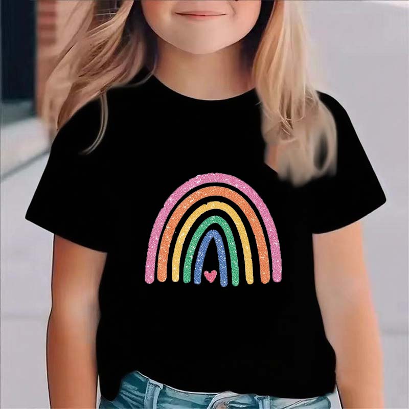 Fashion Summer Baby Girl Trend Rainbow Print Pattern Cotton T-Shirt Children's Fashion Casual Cute Cartoon Summer Short Sleeves