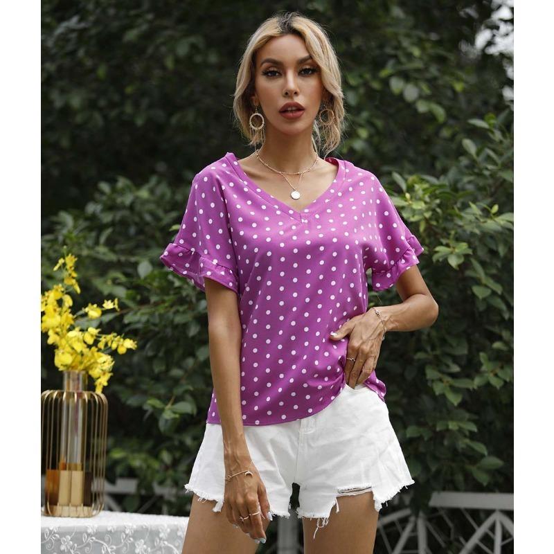 Women's Summer Polka Dot V-Neck Short Sleeve T-Shirt Top