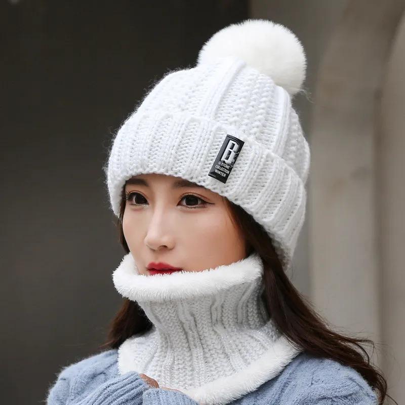 Winter Hat Womens Beanie Hats Thick Warm  Winter Women Knitted Hat B Letter Bonnet Beanie Cap Cycling Hat Scarf 2pc Sets