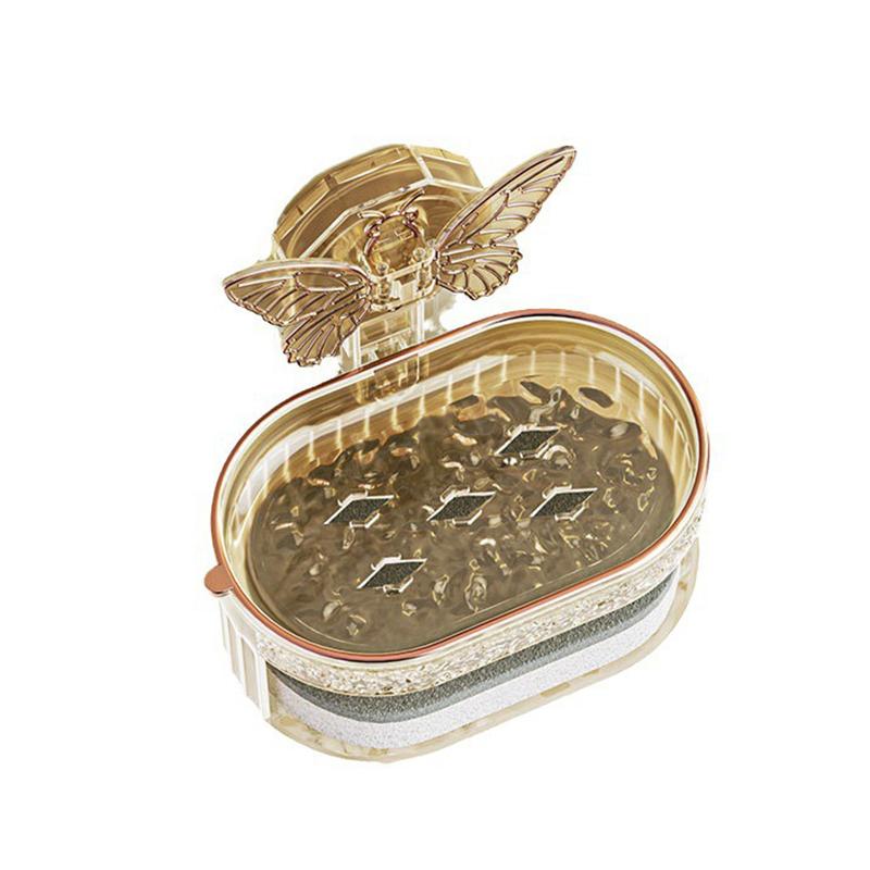 Seifenhalter mit Saugnapf und Schmetterlingsdesign, Doppellagige Seifenschale mit Schwamm und Abfluss, Bohrfreies Seifenregal