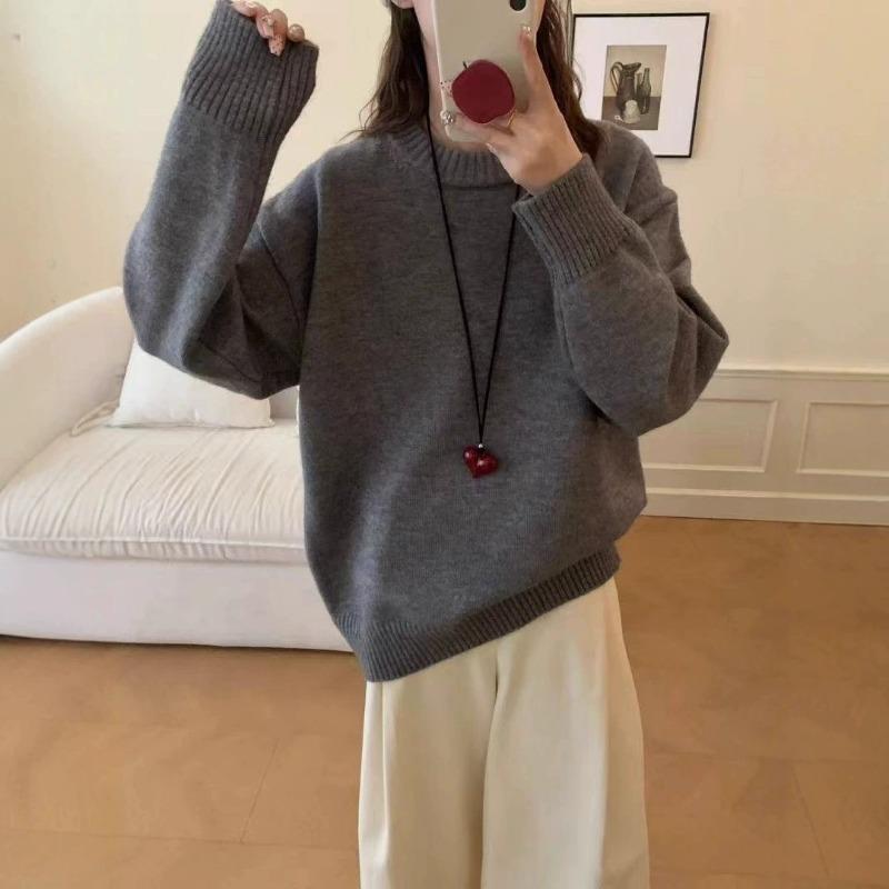 Autumn and winter new solid color simple and versatile crew neck pullover sweater women's large size loose inner knitted sweater