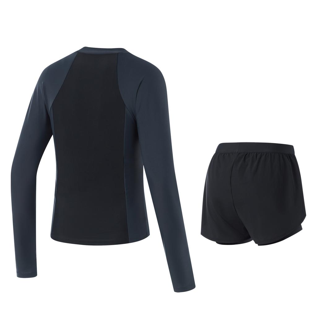 Li Ning Swimming Series Color Block Letter Round Neck Pullover Long Sleeve Two-Piece Swimsuit Women swimsuit Black Ink-Gray ASLT074-2