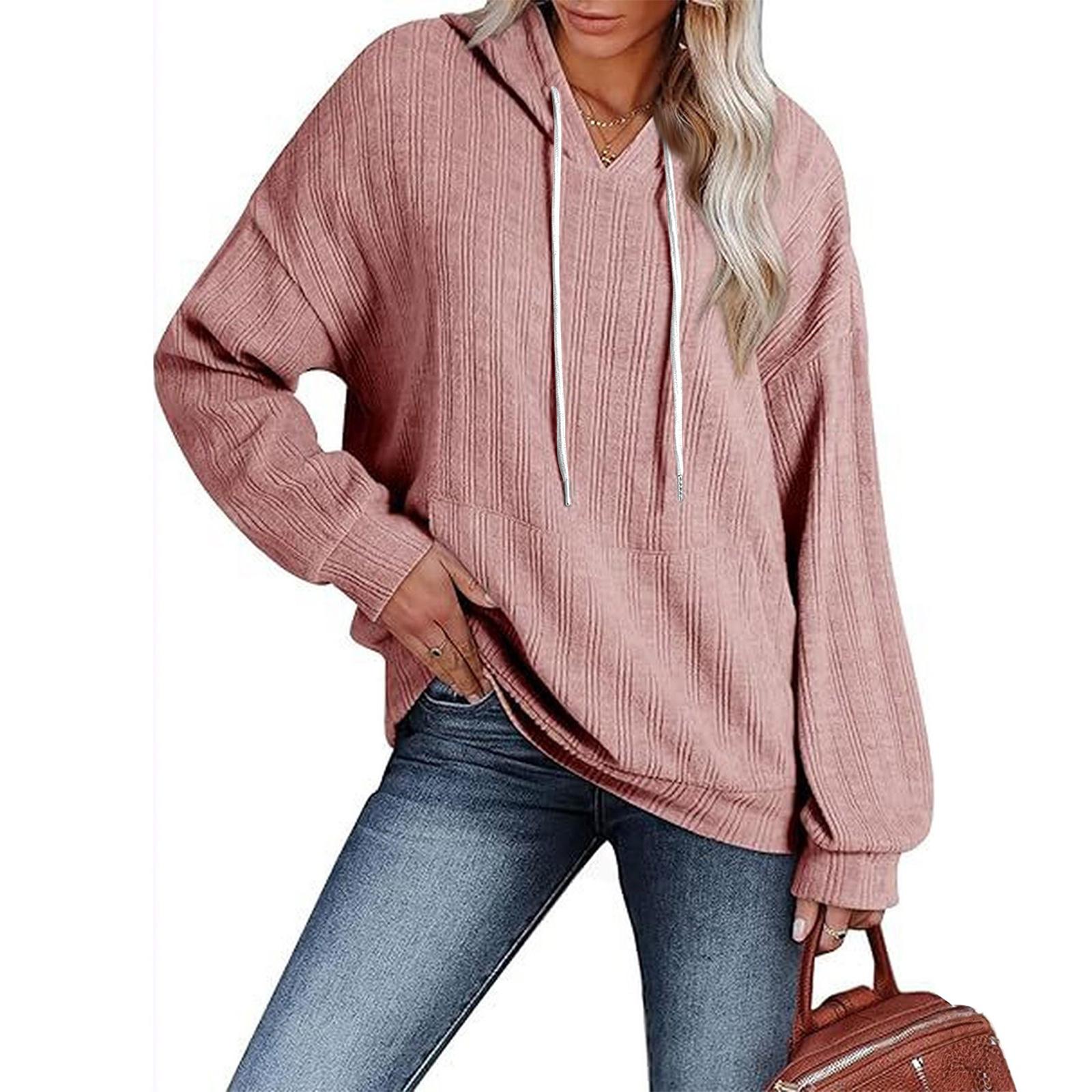 Fashionable Women s Casual Loose Color Long-sleeved Pocket Hooded Sweatshirt XL розовый