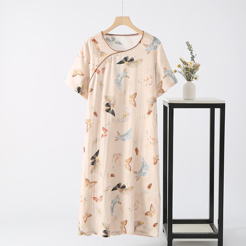 Women's Spring/Autumn Frog Button Sleep Dress - Short-Sleeved, Diagonal Lapel, Comfortable Chinese Style for Home or Outdoors