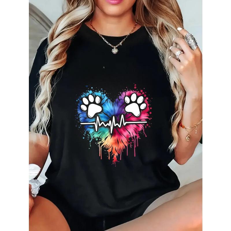 Black Oversized T Shirt With Colorful Paw Print Heart And Ecg Design For Casual Wear And Pet Lover Outfits