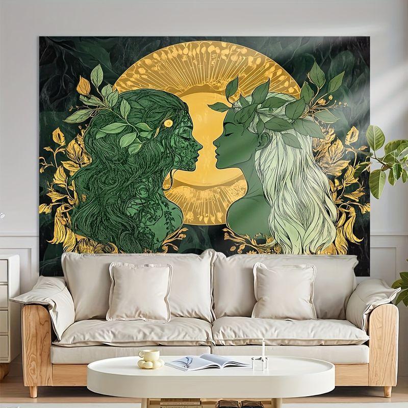 VIKAMA Moon Phase Floral Yoga Goddess Tapestry Polyester Wall Hanging Living Room Bedroom Yoga Meditation Mystic Boho Home Decor