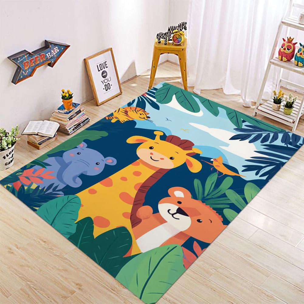Cartoon Jungle Animal Carpet Mat Rug Multiple Cute Animals Design Non-Slip Floor Mat for Kids Room Living Room Home Decoration