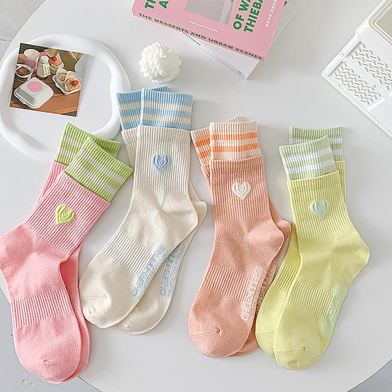 Sweet Style Double Love Socks Macaroon Color Love Heart Embroidered Cotton Sock Harajuku Striped Socks