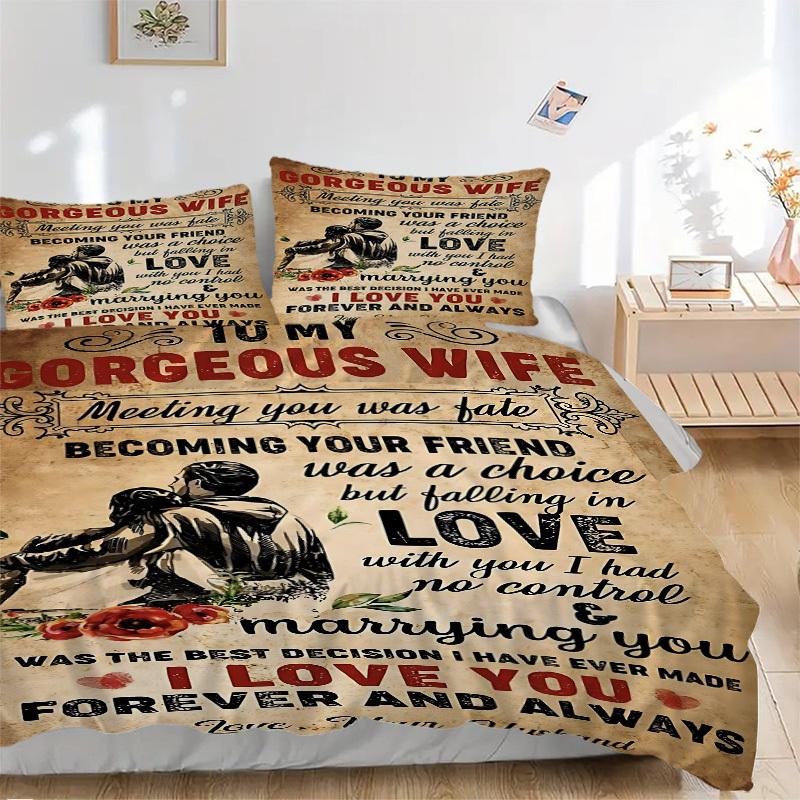 

3PCs Love Quotes for Wife Design Cover Set, Breathable Fabric, Machine Washable (1 Duvet Cover + 2 Pillowcases) (Without Quilt) yy250911181 135x200cm