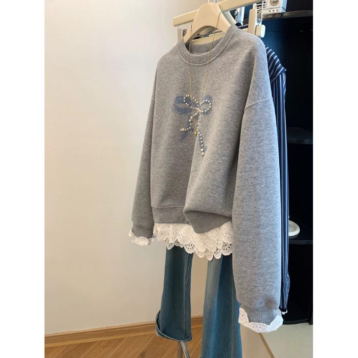 True Extra-Large Beaded Bowknot Hoodie - Cotton, 240 Jin, Age-Reducing, Plus Velvet Patchwork Lace Trim