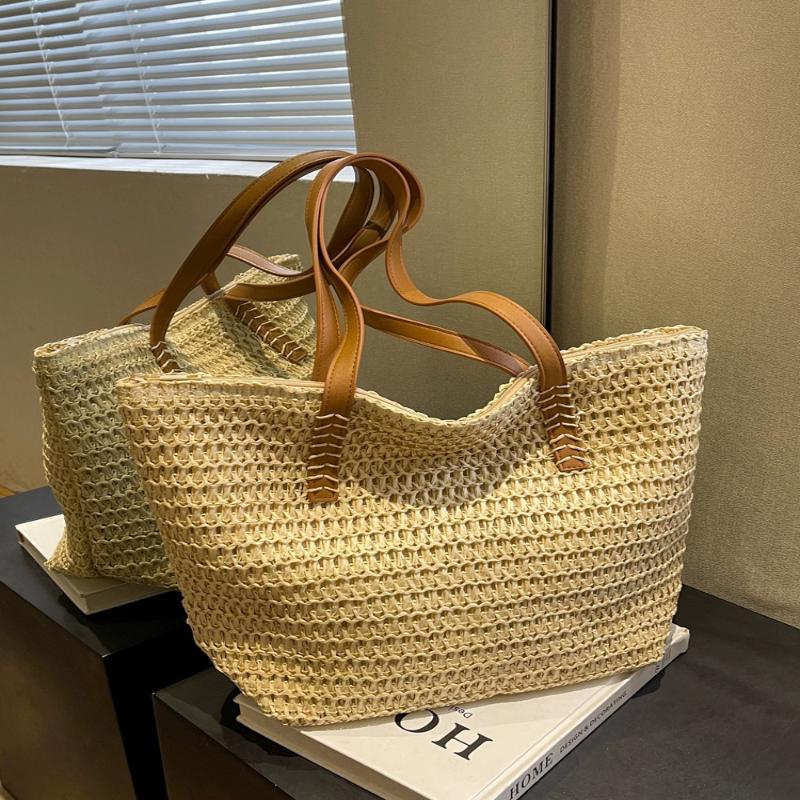1Pcs Bohemian Summer Fashion Straw Beach Tote Bag Hand-Woven Women'S Shoulder Handbag Travel Shopper Weaving Shopping Bags