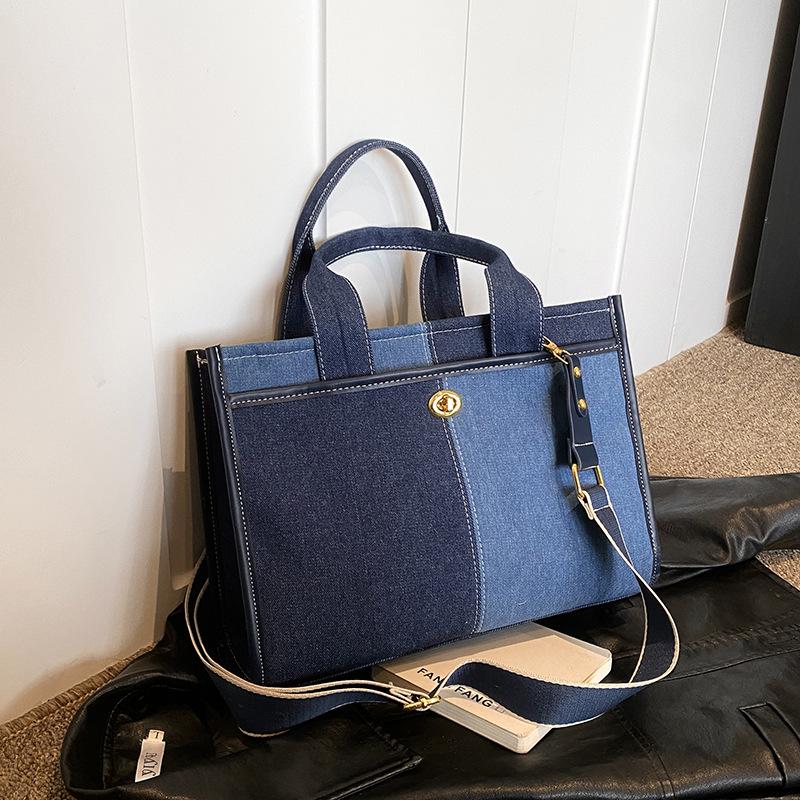 Large capacity denim handbag women's new fashion contrasting color shoulder messenger bag broadband commuter trendy tote bag