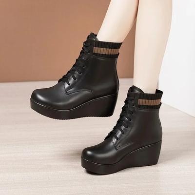 6cm Small Size 32-43 Thick Bottom Soft Leather Platform Wedges Shoes Ankle Boots 2025 Winter Flexible Med Heels Boots Office Mom