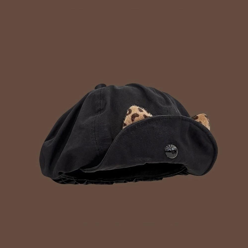 

Винтажный берет с кошачьими ушками, леопардовая шапка-бини, модный берет художника, для девочек чёрный