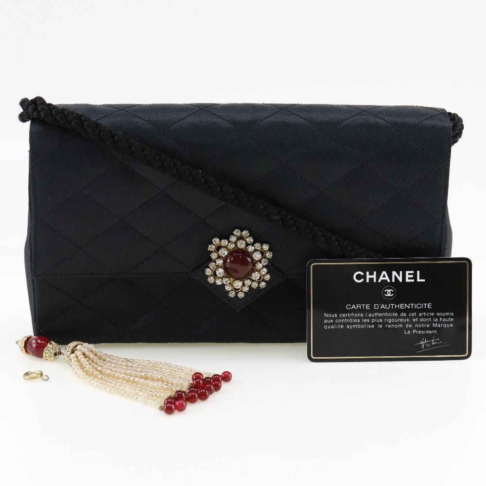 Chanel Matelasse Shoulder Bag Vintage Black Satin/Rhinestone Women Used