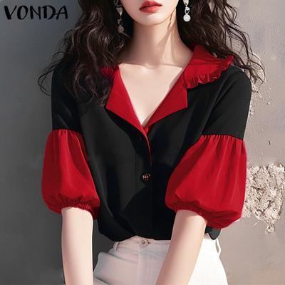 Women Summer Ruffle Lapel Puff Short Sleeve Blouses
