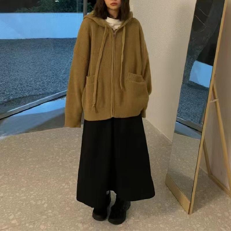 Spring and Autumn New Lazy Wind Zipper Hooded Knitted Cardigan Top Women's Loose Versatile Skinny Sweater Jacket