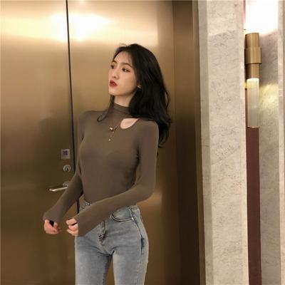Threaded Half-high Neck Base Shirt for Women In Autumn and Winter Fashionable Inner Wear Slim and Cute Top Exposed Collarbone Long-sleeved T-shirt