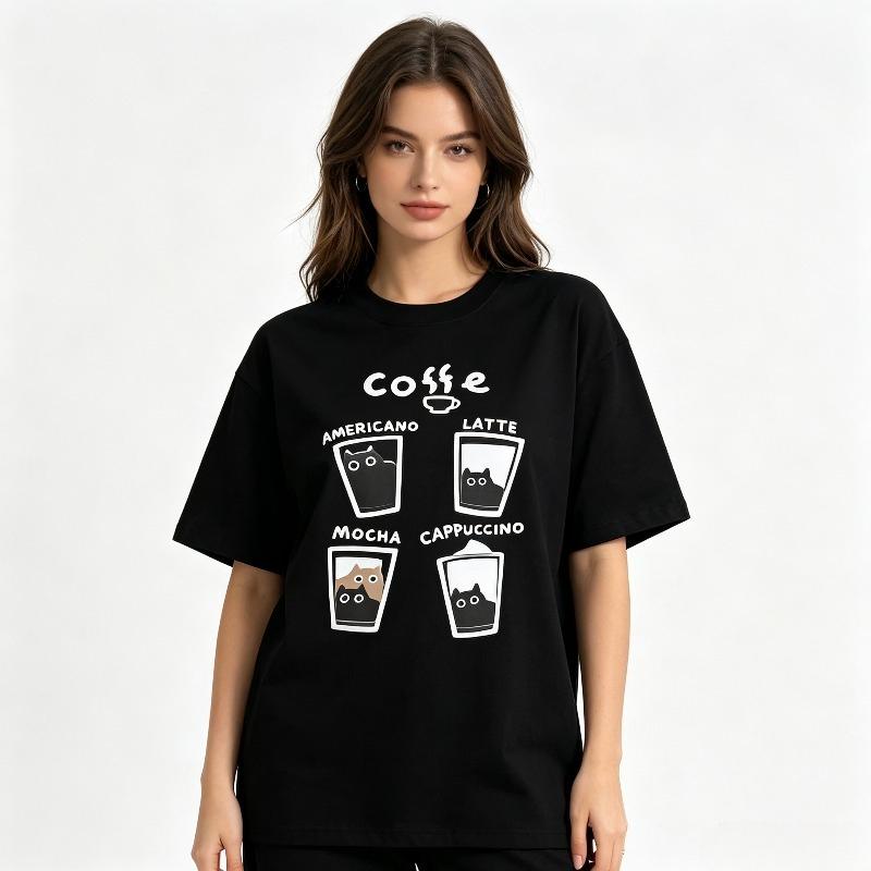 Coffee Cat Graphic Tshirt For Unisex Streetwear Rock Skateboarding Paddle Board Black White Top