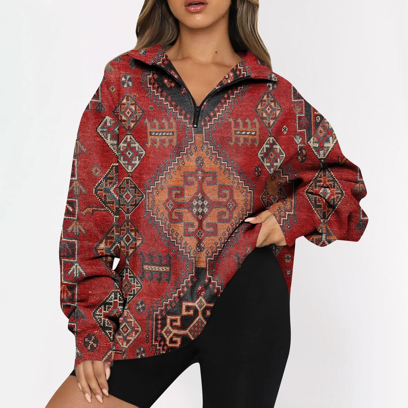

Women s Fashion Long Sleeve Vintage Floral Print Zipper Sweatshirt Top XXXL Кіновар