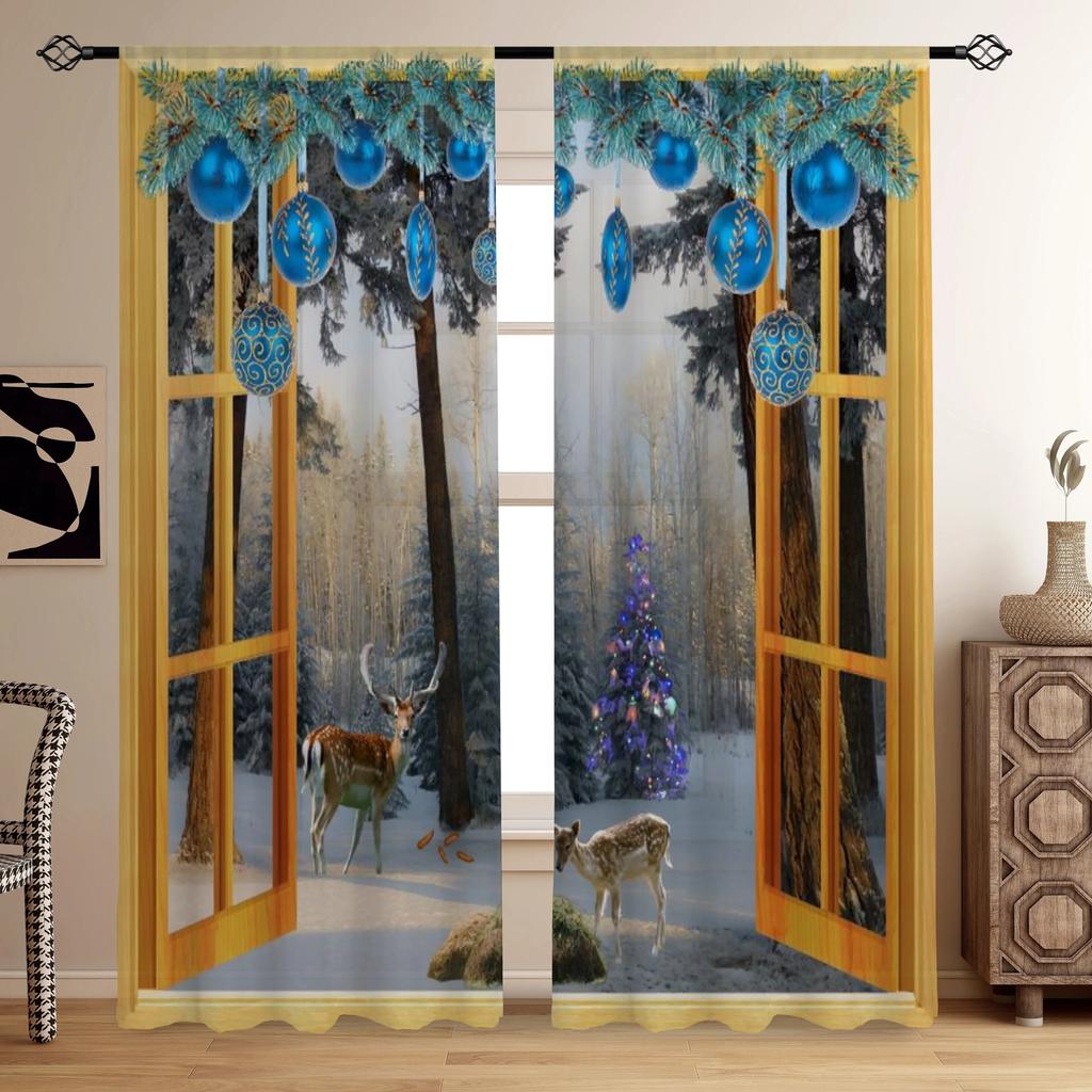 2ks Vánoční Snow Deer Tree Záclonová tyč Kapsa Ošetření oken Pro ložnici Kancelář Kuchyň Obývací pokoj Studovna Opalovací krém Home De