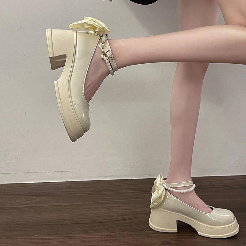 2025 Spring and Summer New Fashion French Temperament High Heels Thick Heel Light Mouth Single Shoes Women's Platform Small Leather Shoes