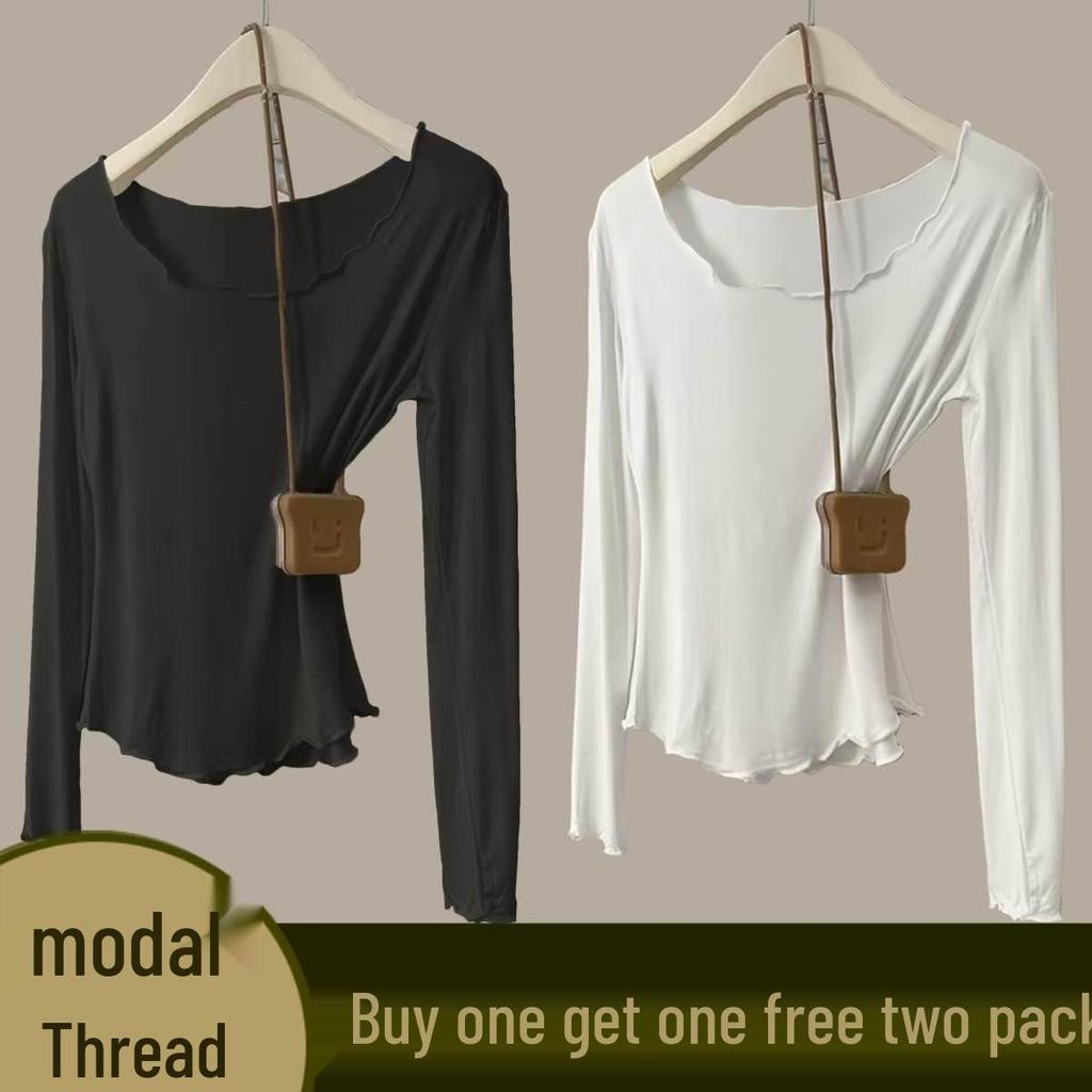 Women's Autumn Modal Ribbed Top: Round Neck, Long Sleeve, Rolled Hem, Base Layer T-Shirt