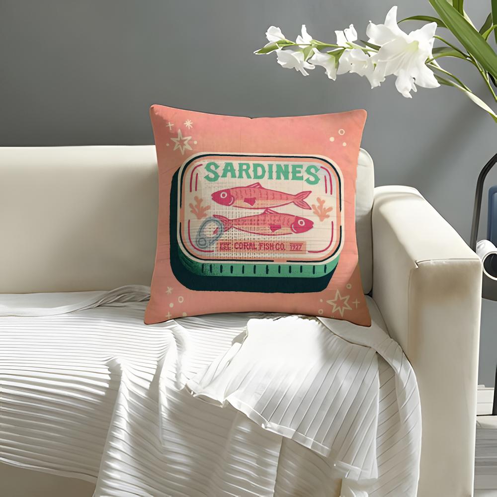 Cute Coastal Charm SardineS Pillow Case Natural Linen Organic Fabric Double-Sided Printing Sofa Home Decor Cushion Cover