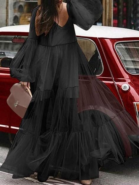 

Suer new women s clothing V-neck fashion bubble sleeve mesh see-through dress, long dress M