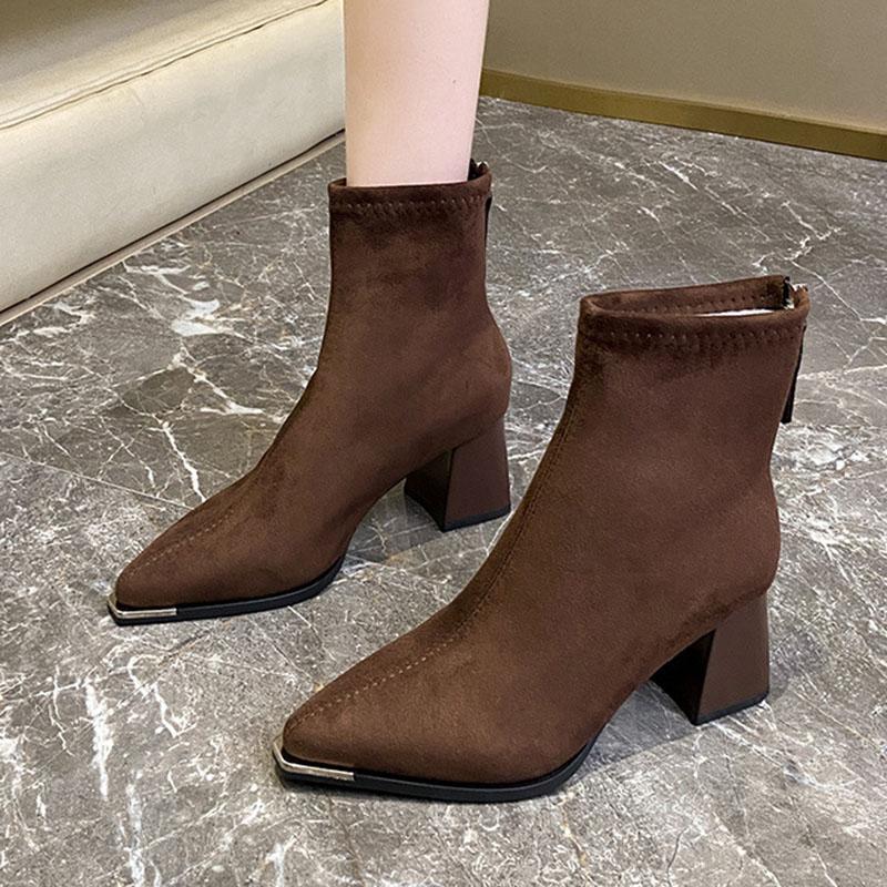 Stivaletti a Punta Metallica da Donna in Scamosciato con Zip Posteriore Tacco Alto Scarpe da Donna Primavera Autunno Zip Posteriore Botines