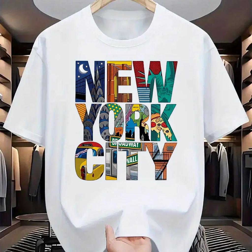2025 Summer Men's 100% Pure Cotton New York City English Printed Round-neck Short-sleeved T-shirt Top
