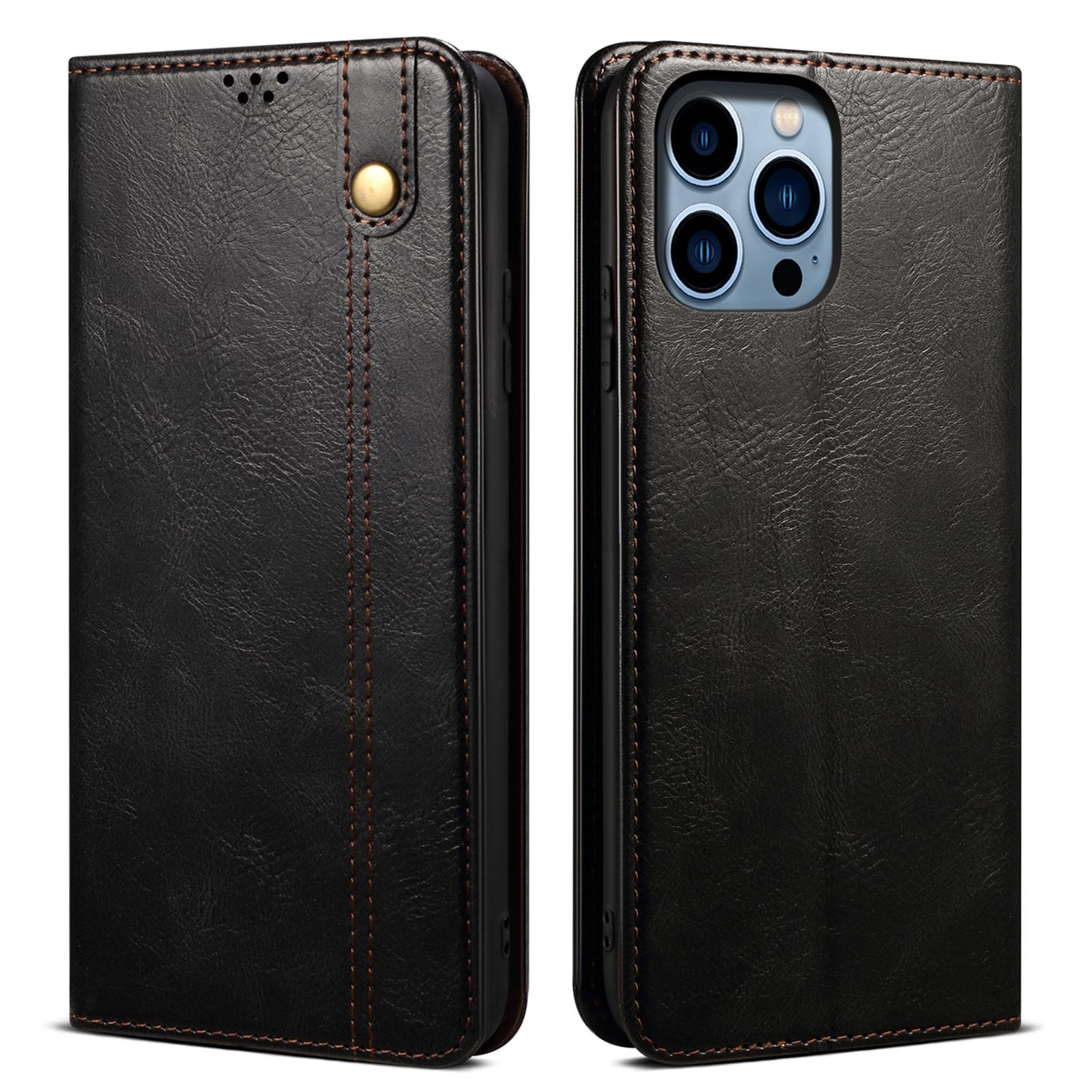 

For iPhone 16 Pro Case Crazy Horse Texture Full Protection Waxy Leather Phone Cover Black