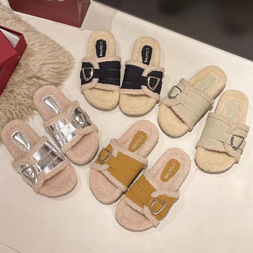 Fashion Autumn Winter Big Size Casual Cotton Slippers for Women Fashion Casual Korean Solid Color Buckle Fluffy Slipper Shoes Ladies