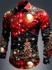 Christmas Men's Dress Shirt with Red Snowflake and Cedar Pattern, Black Lapel Bow Tie, Festive Party Style Men's Shirt