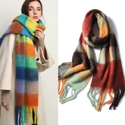 Women Plaid Scarf Winter Pashmina Shawls Cashmere Thick Wraps Lady Tassel Warm Scarves Rainbow Hairy Bufanda