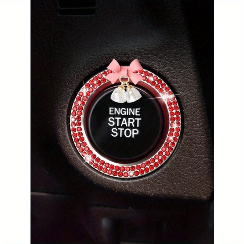 1pc Car One Click Start Decoration Sticker Interior Button Inlaid with Diamond Bow Crystal Bell Pendant Ignition Ring