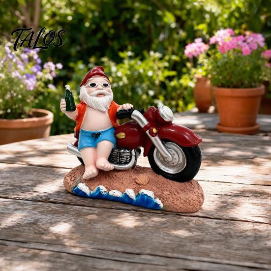 Beach Dwarf Decoration Funny Summer Santa Motorcycle Figurine with Beer, Resin Motorbike Gnome Environmentally Friendly Art Sculpture, Outdoor Garden