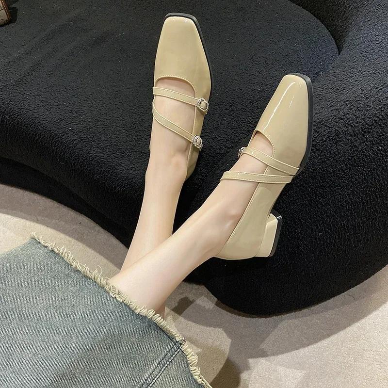 Spring Autumn Silver French Square Toe Women's Shoes Elegant Double Buckle Strap Mary Jane Shallow Shoe Retro Pumps