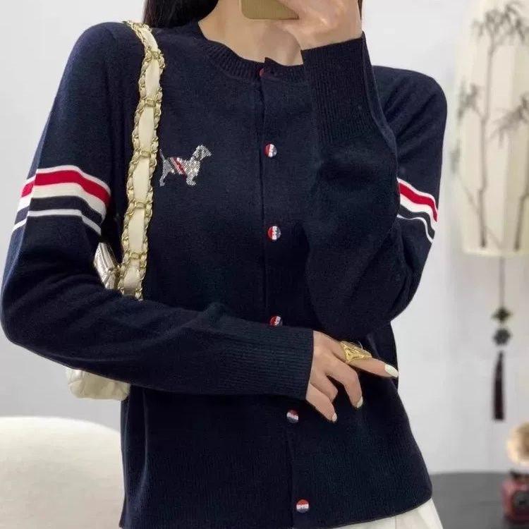 Women's Korean Style Embroidered Color Block Striped Sweater Cardigan