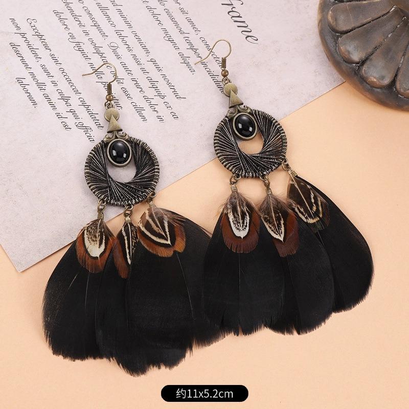 Retro Peacock Feather Fringed Earrings Women's Bohemian Fashion Elegant Temperament Versatile Long Earrings
