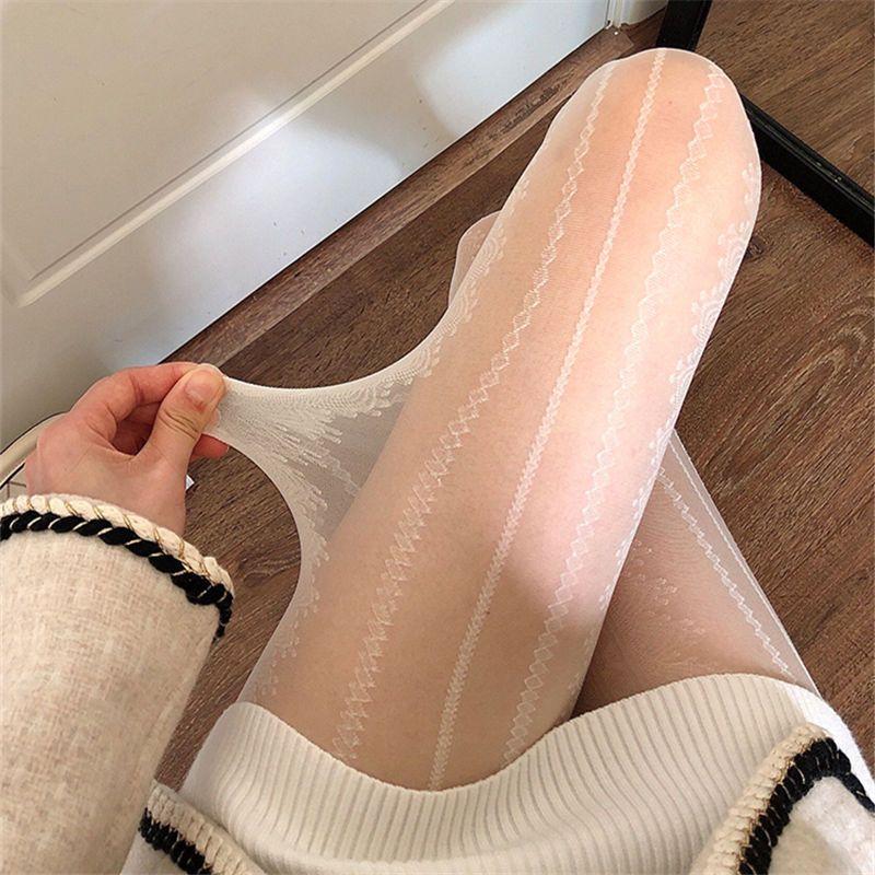 Spring-Summer Thin Gray Stockings for Women - Retro Side Lace Vertical Striped Pantyhose, Sexy Jacquard Black Silk & JK-style White Silk
