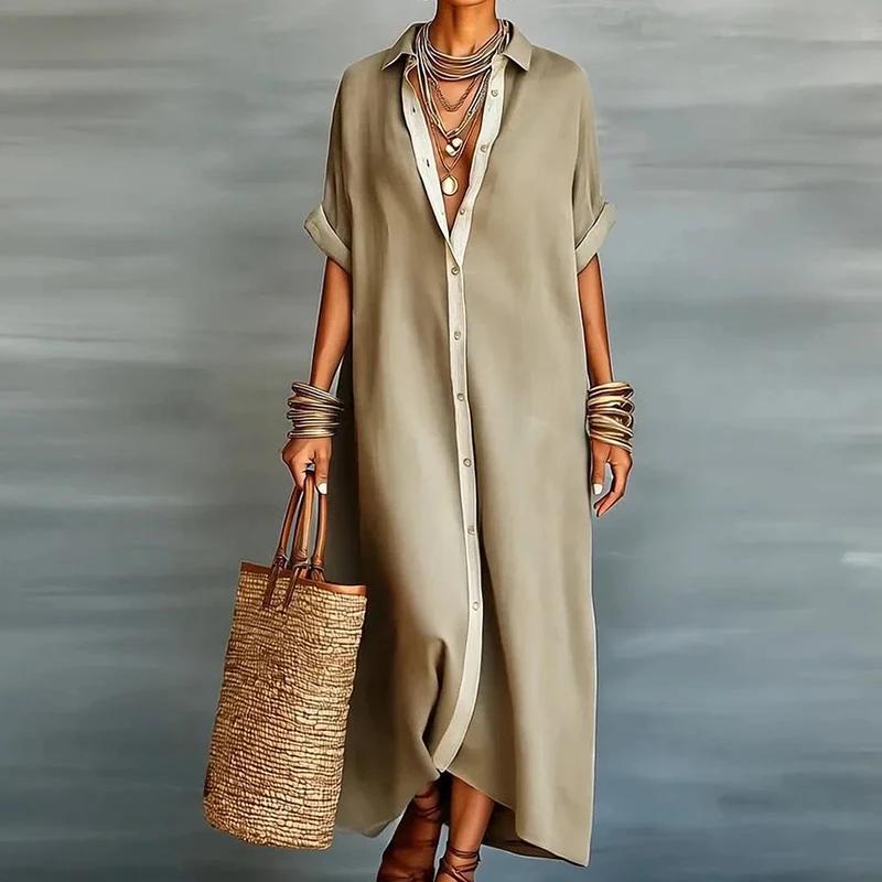 Contrast Color Cotton Linen Dress Three-Quarter Sleeves Spring Women's Solid Color V-Neck Lapel Button-Down Shirt Dress