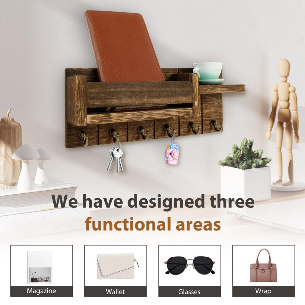 Wooden Mail Holder Wall Mounted Entryway Hallway Decorative  with 6 Key Hooks Rustic Home Wall Organizer Rack
