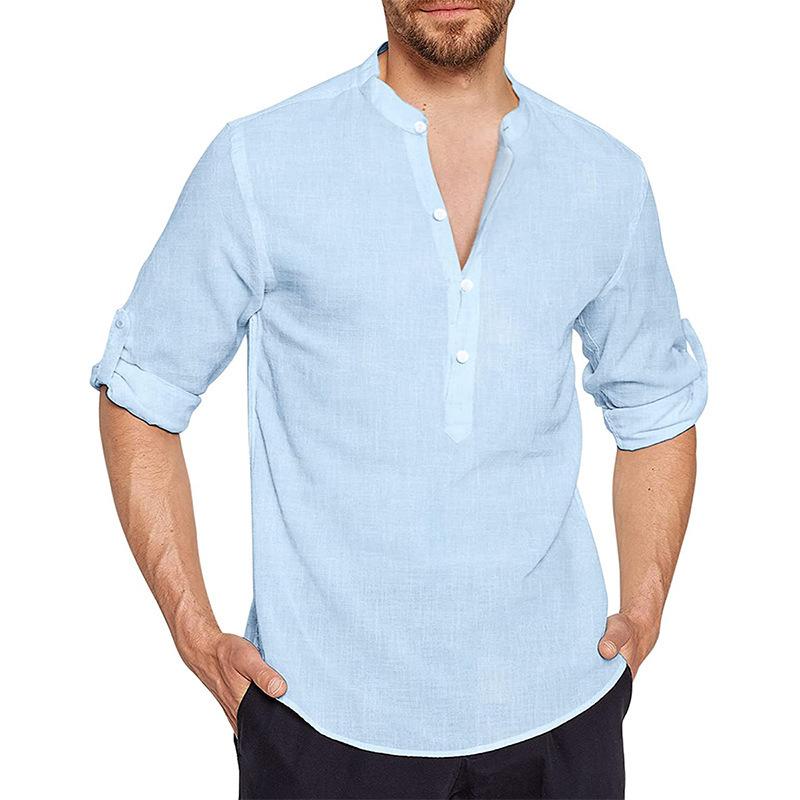 Men's Cotton Linen Shirt Casual White Black Roll Up Sleeve Buttons Stand Collar Tops Men Long Sleeve Shirts