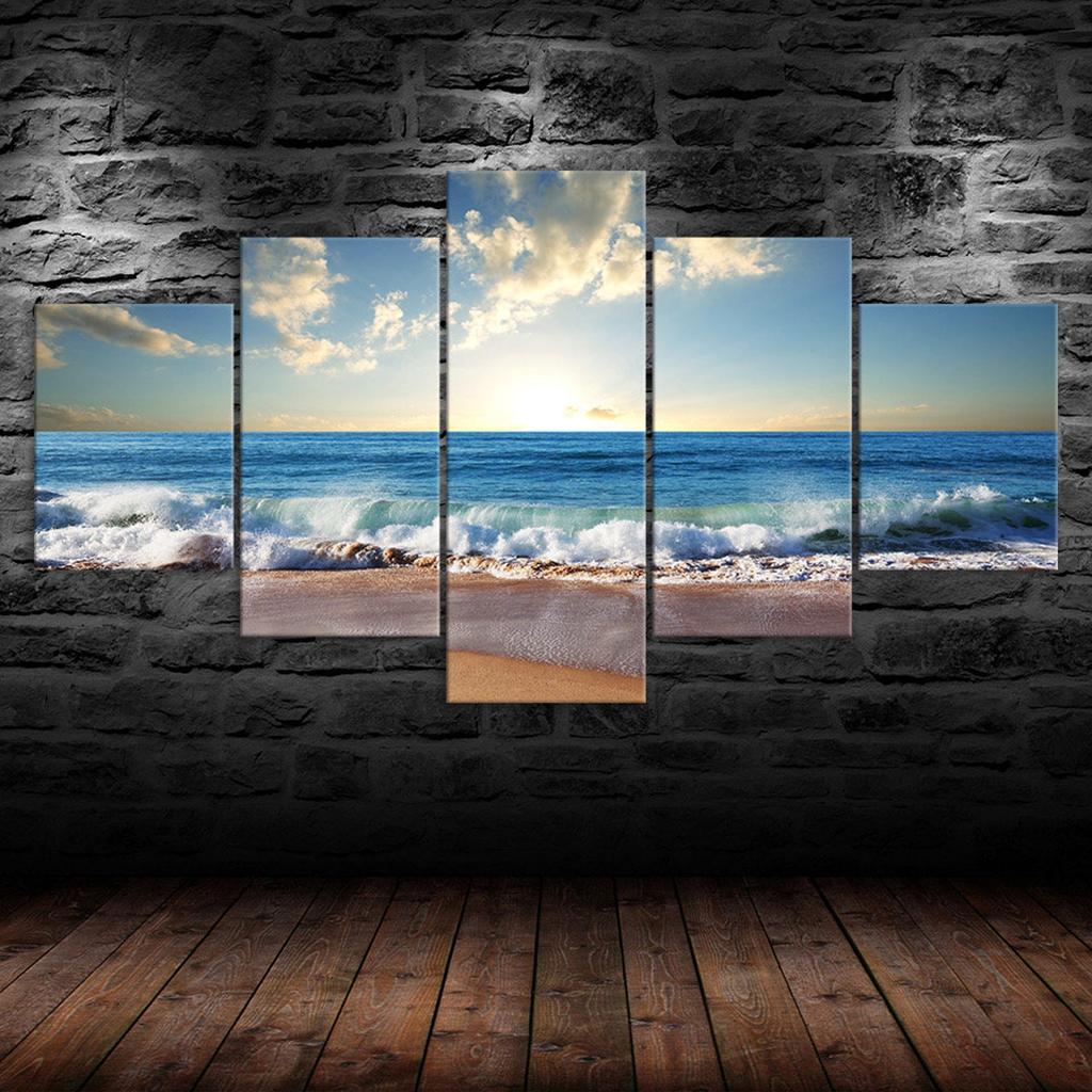 Ocean Beach Sea View Horizon Over Water Canvas 5 Piece Five Panel Wall Print Modern Art Poster Picture Home Decor Gift For Him For Her