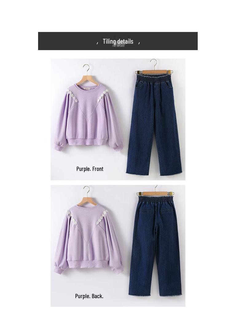 Höst 2025 Flickors Denimset: Sweatshirt & Byxor med vida ben för åldrarna 9-12