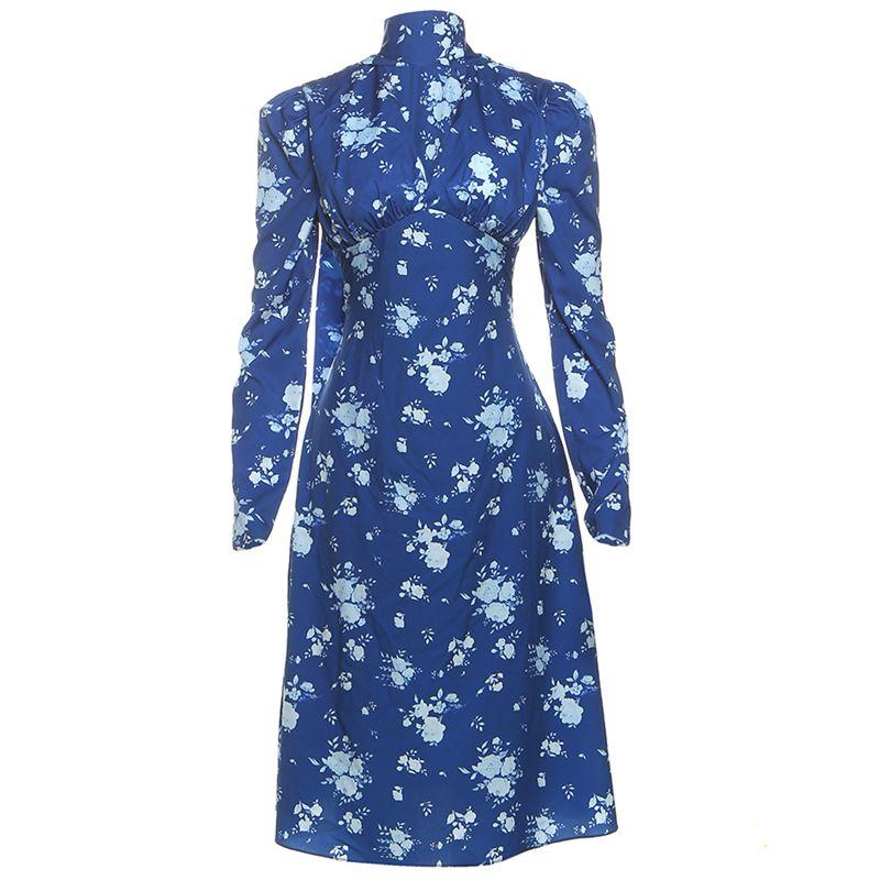 

# Sisjuly# European and American Elegant Mature Female Vibe Rose An Illustrated Handbook Cut Out Design Halterneck Long-Sleeved Dress Female Summer Blue S