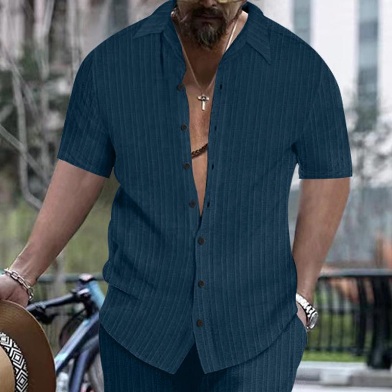 Summer Men's Short Sleeve Shirt New Men's Lapel Jacquard Stripe Casual Short Sleeve Shirt for Men