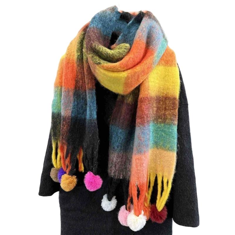 

Colorful Plush Faux Cashmere Scarf Thickened Warm Scarf Feature Pulled Wool Texture And Stylish Tassels Design