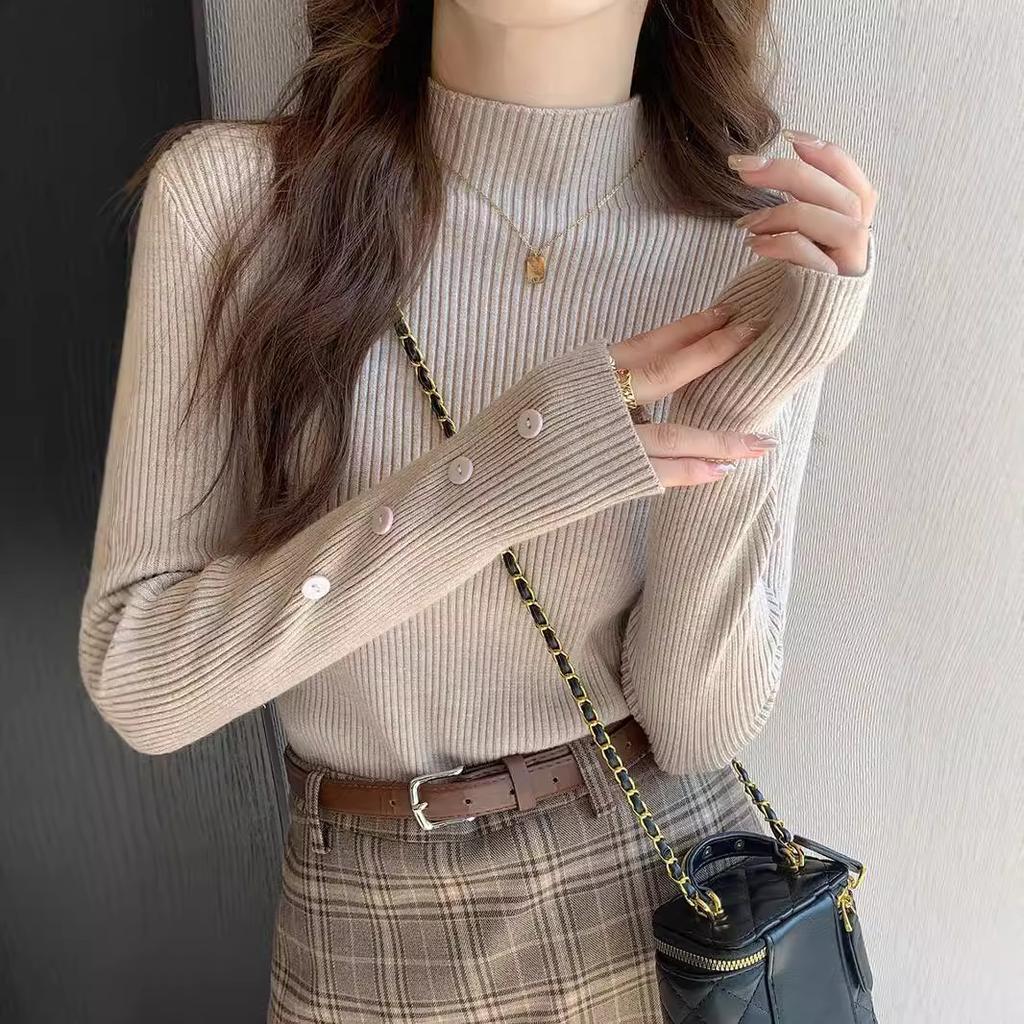 Sweater women's 1116 new autumn and winter interior design bottoming shirt white semi-turtleneck knitted sweater top